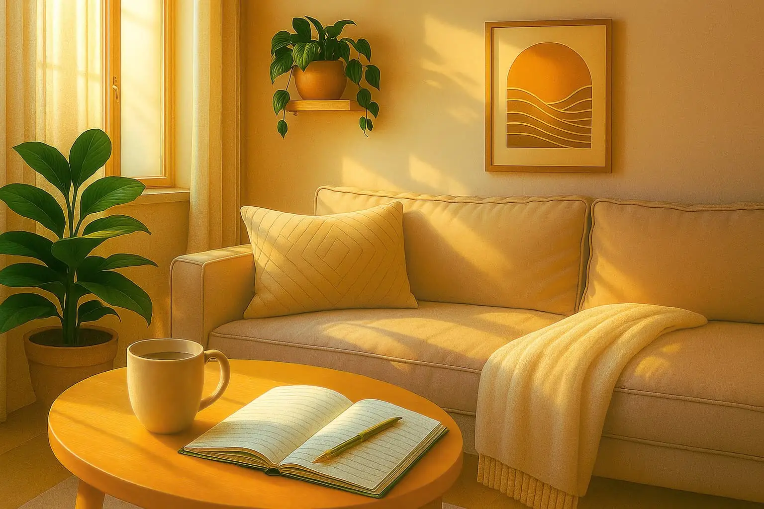 KI-generiertes, sonnendurchflutetes Wohnzimmer mit einem aufgeschlagenen Notizbuch, einer Kaffeetasse und Zimmerpflanzen, die eine friedliche Morgenstimmung erzeugen.